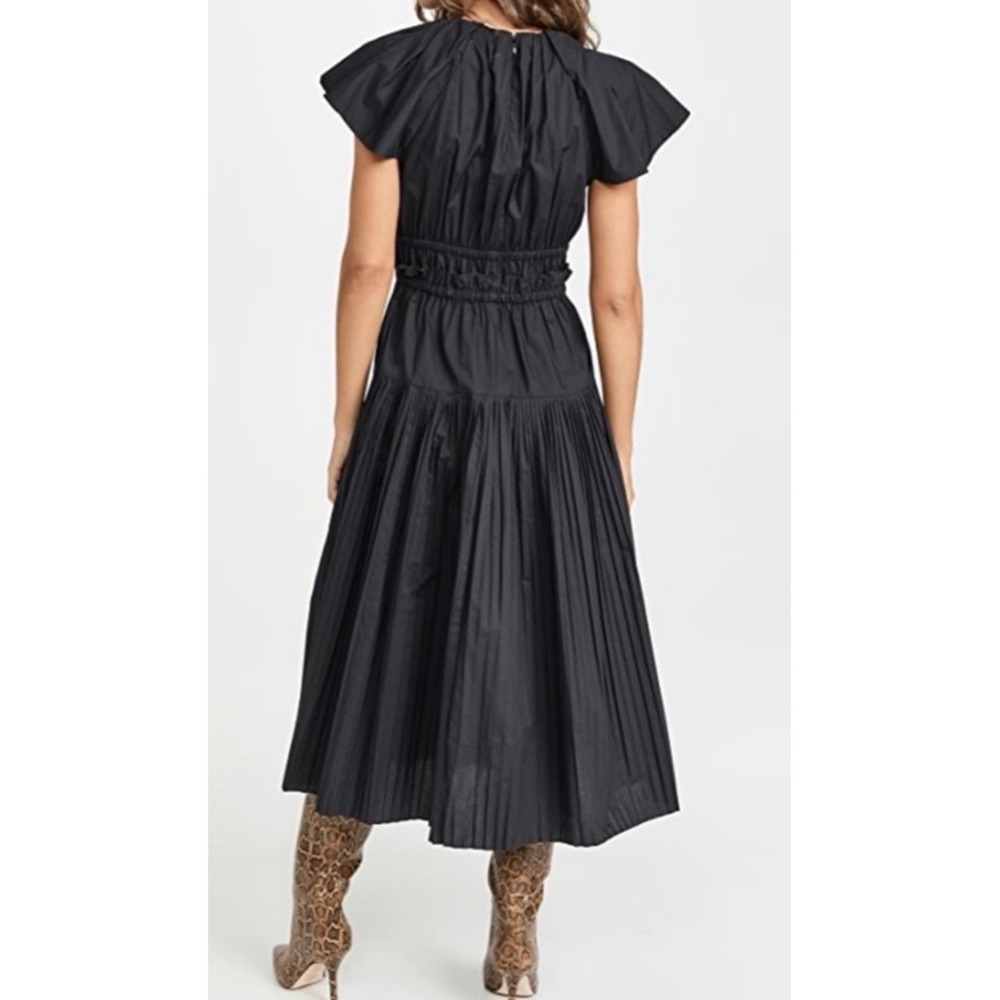 ULLA JOHNSON Delmara Navy Blue Cotton Poplin Pleated Tiered Midi Dress 0